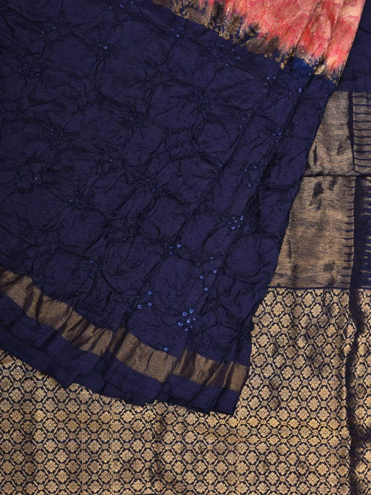 Dark Blue Bandhani Kanchipuram Silk Handloom Saree with Middle Brocade Design bn0314