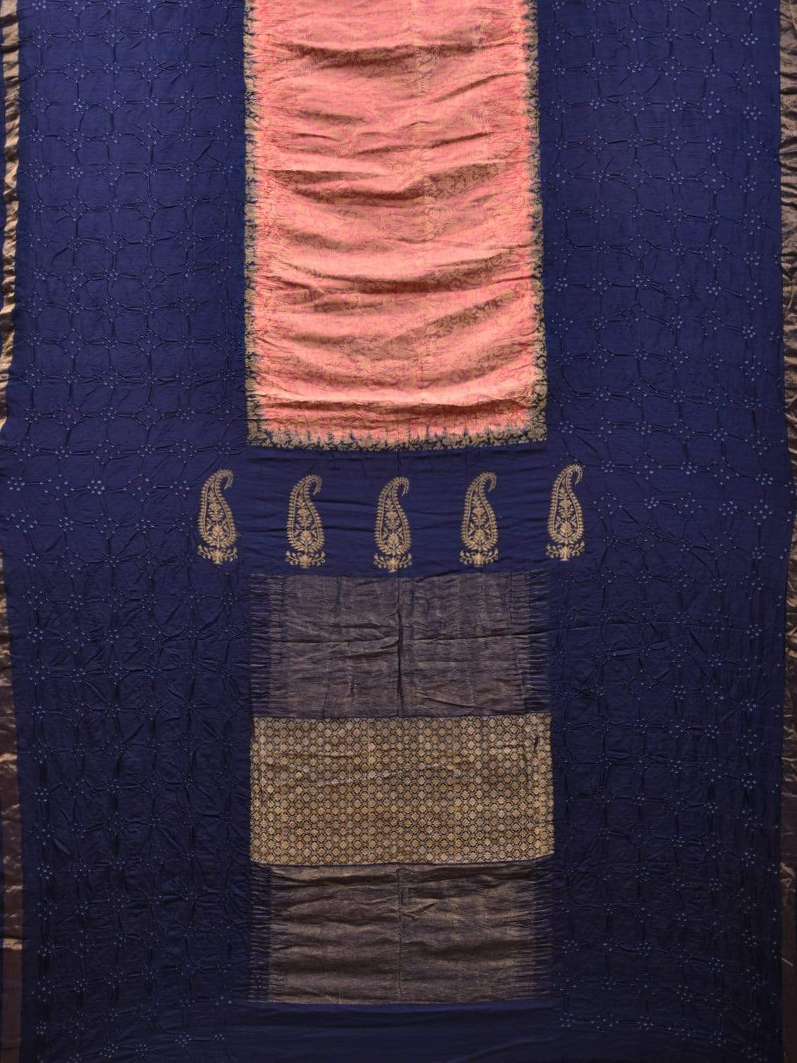 Dark Blue Bandhani Kanchipuram Silk Handloom Saree with Middle Brocade Design bn0314