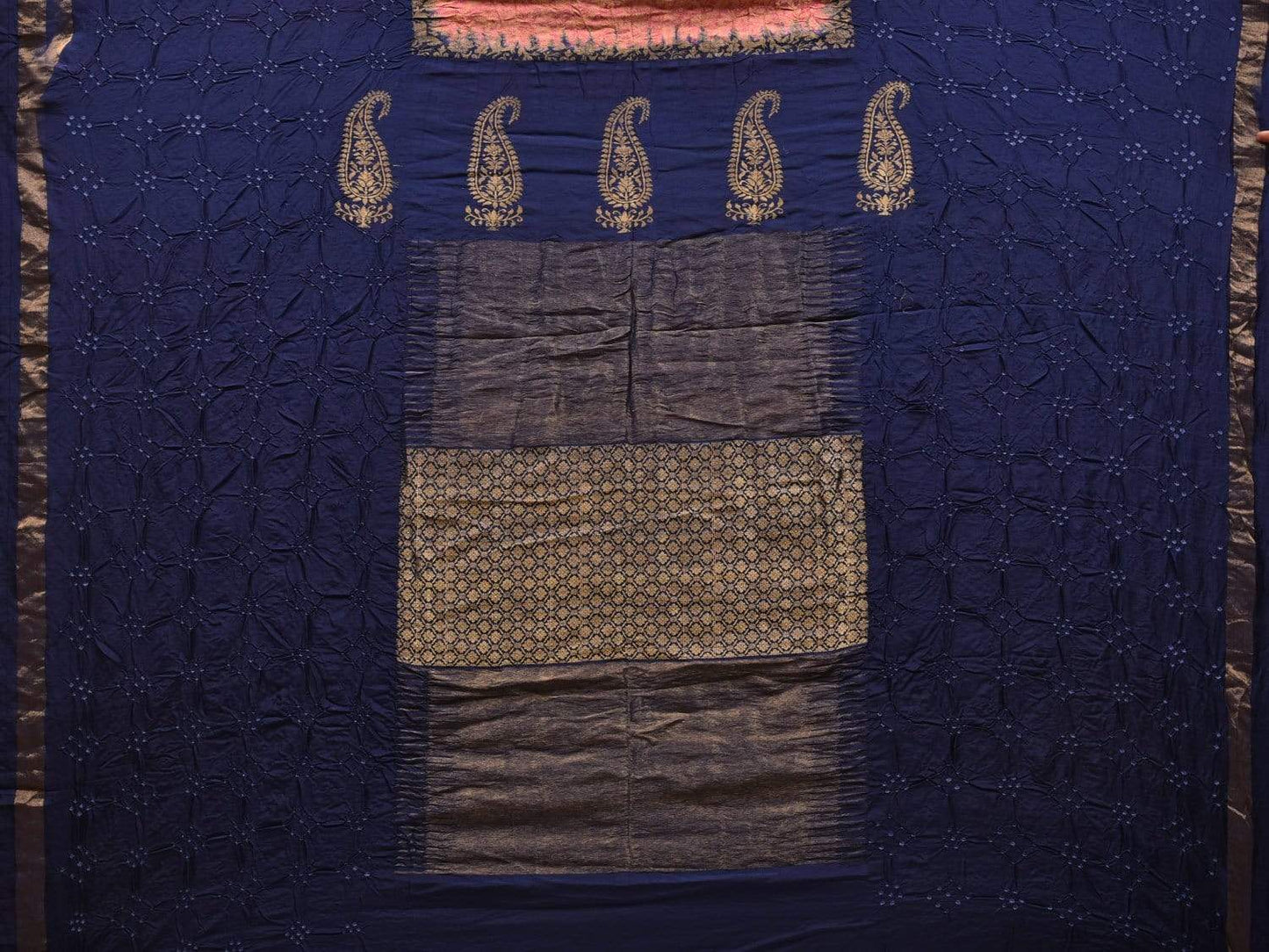 Dark Blue Bandhani Kanchipuram Silk Handloom Saree with Middle Brocade Design bn0314