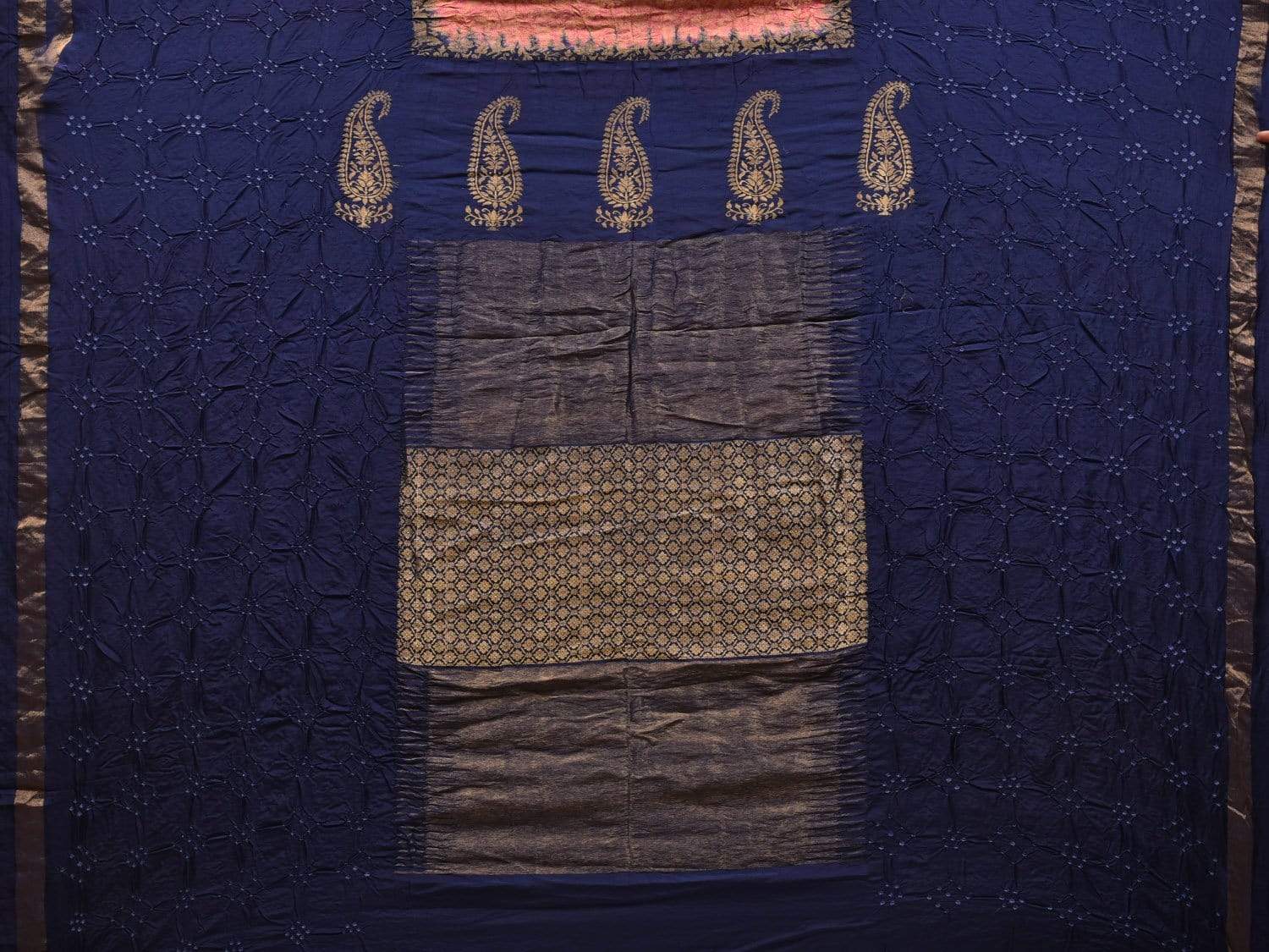 Dark Blue Bandhani Kanchipuram Silk Handloom Saree with Middle Brocade Design bn0314