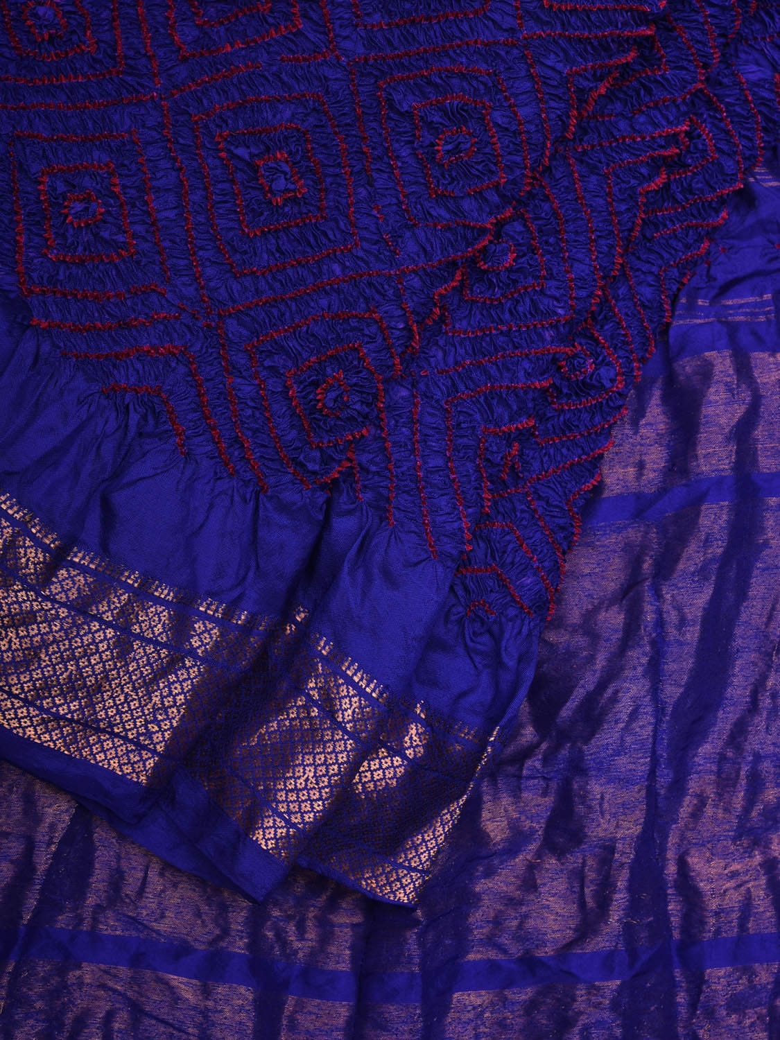 Dark Blue Bandhani Kanchipuram Silk Handloom Saree with Paithani Border Design bn0388