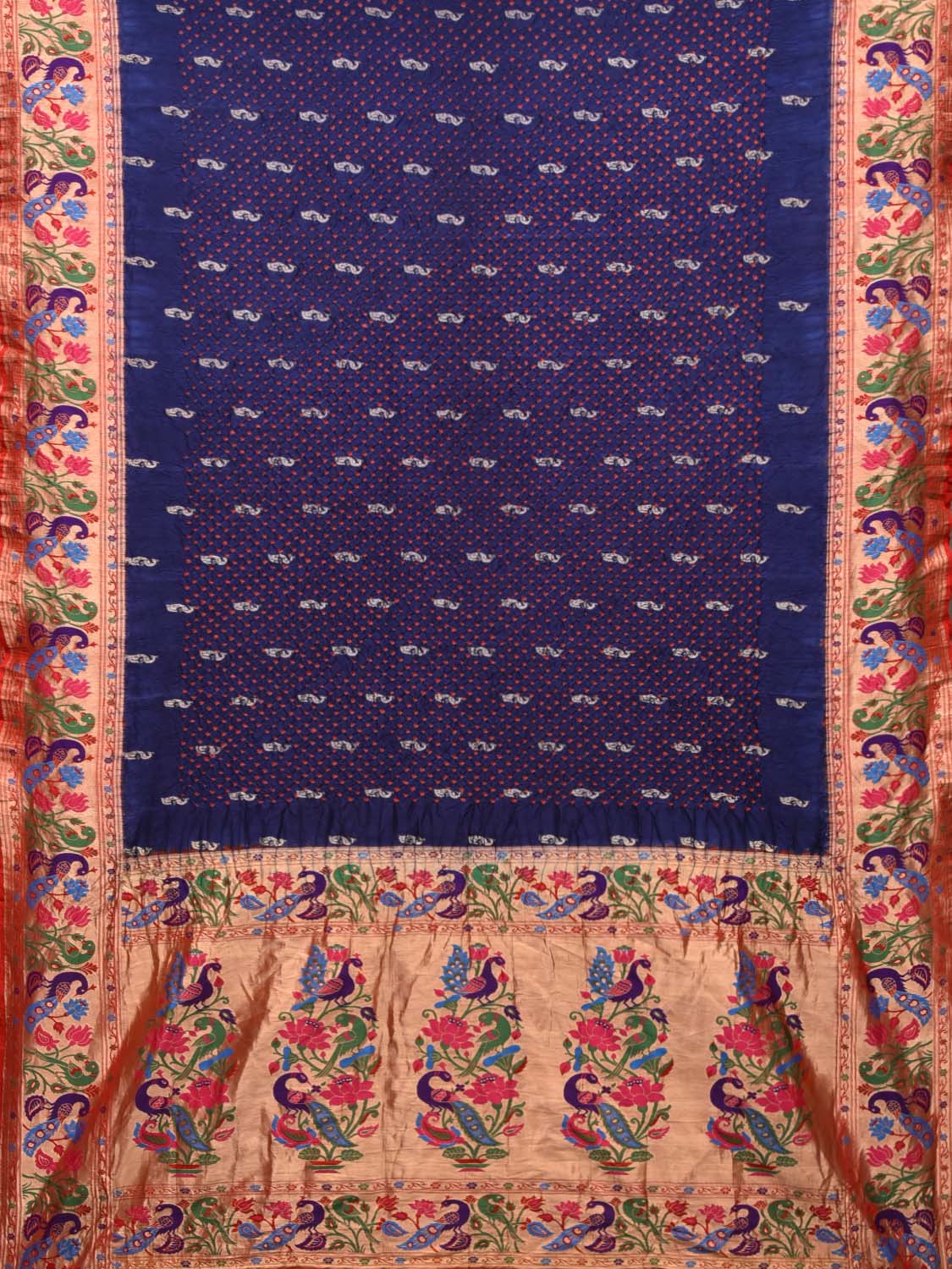 Dark Blue Bandhani Paithani Silk Handloom Saree with Peacock Parrot Border Design bn0215