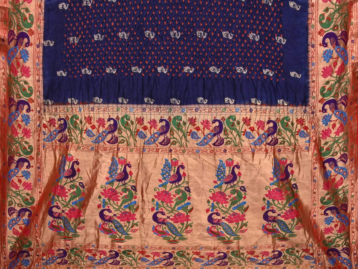Dark Blue Bandhani Paithani Silk Handloom Saree with Peacock Parrot Border Design bn0215