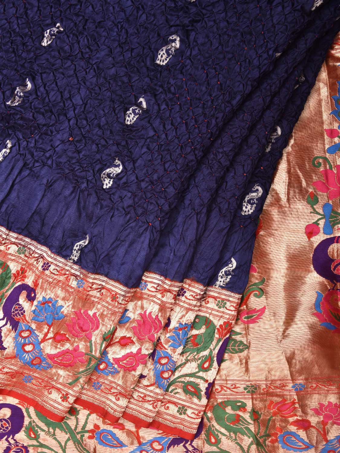 Dark Blue Bandhani Paithani Silk Handloom Saree with Peacock Parrot Border Design bn0215