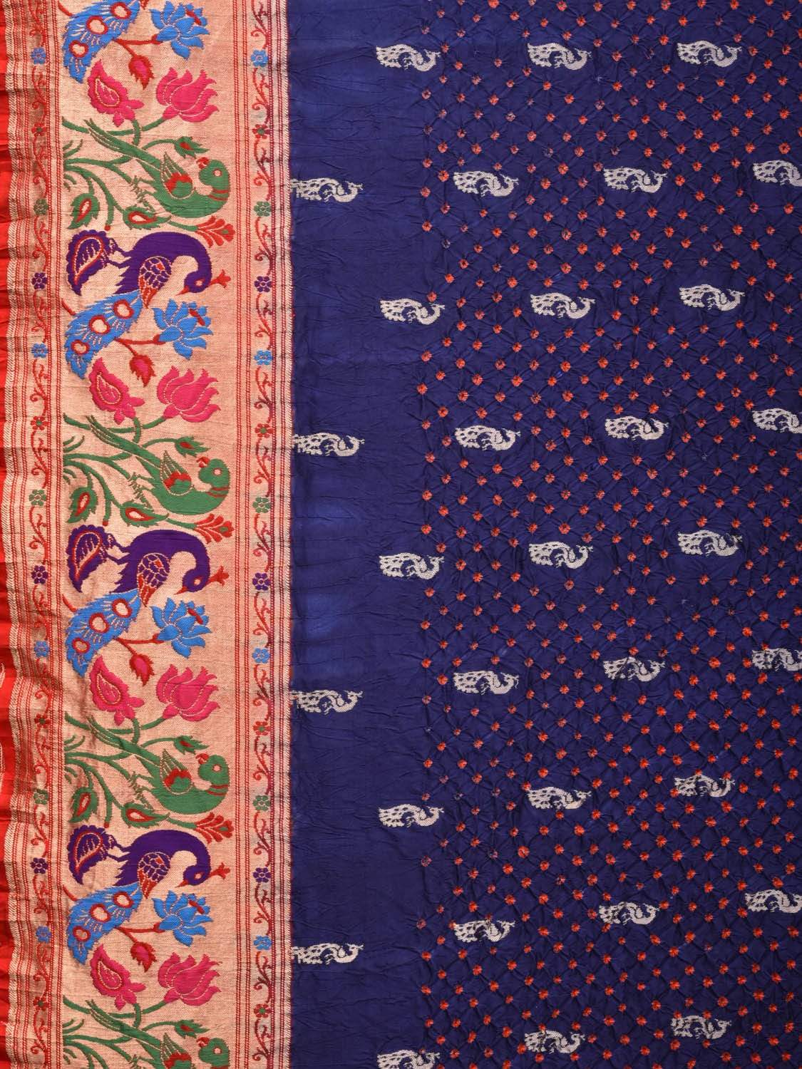 Dark Blue Bandhani Paithani Silk Handloom Saree with Peacock Parrot Border Design bn0215