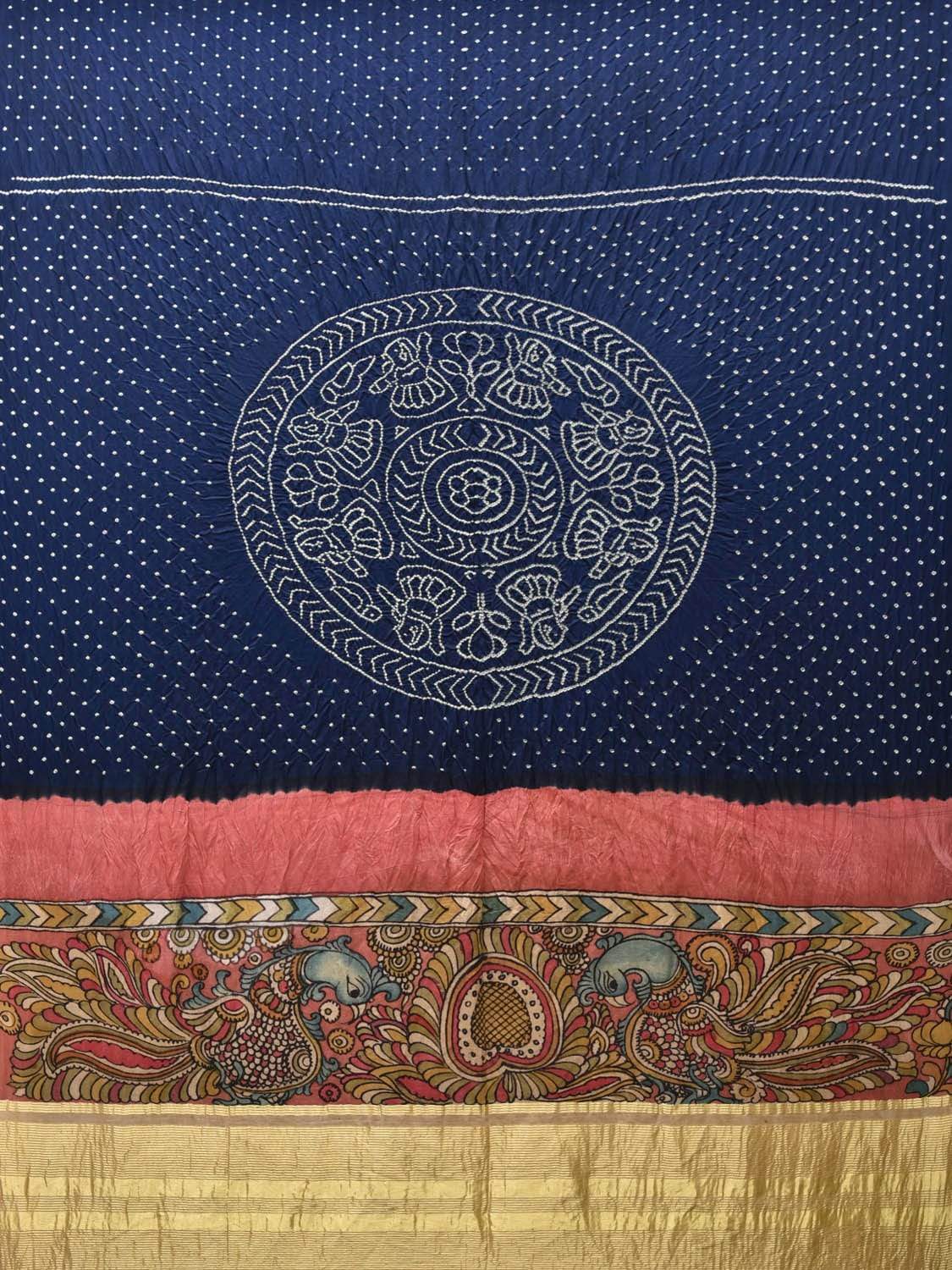 Dark Blue Bandhani Silk Handloom Saree with Peacock Kalamkari Pallu Design bn0197