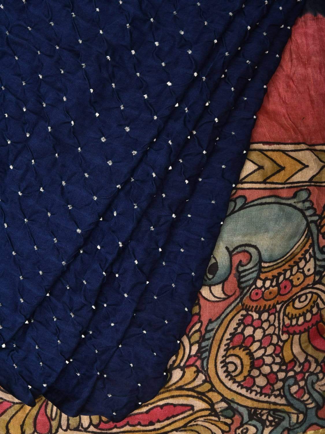 Dark Blue Bandhani Silk Handloom Saree with Peacock Kalamkari Pallu Design bn0197