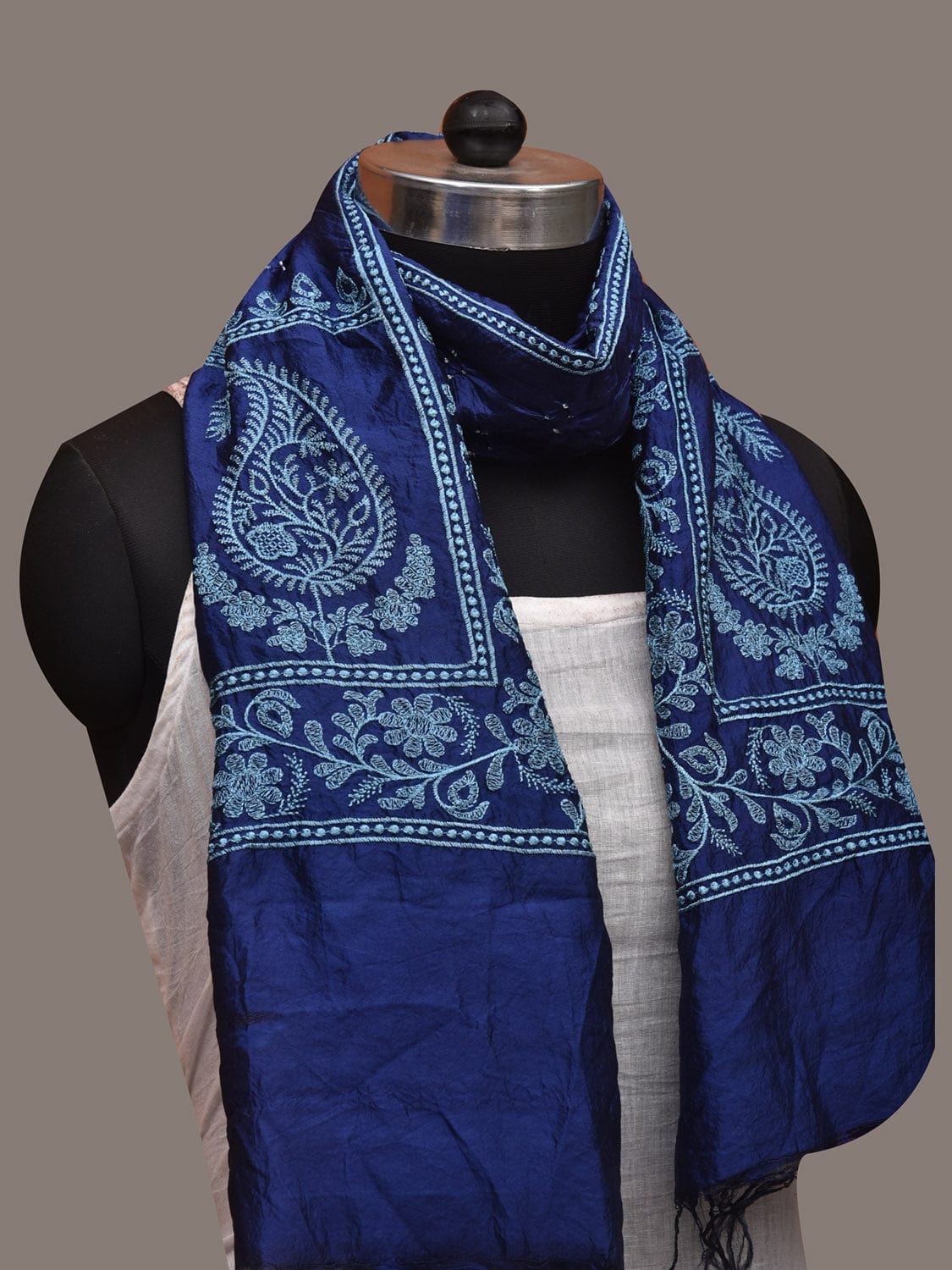 Dark Blue Bandhani Silk Handloom Stole with Mango Embroidary Design ds2967