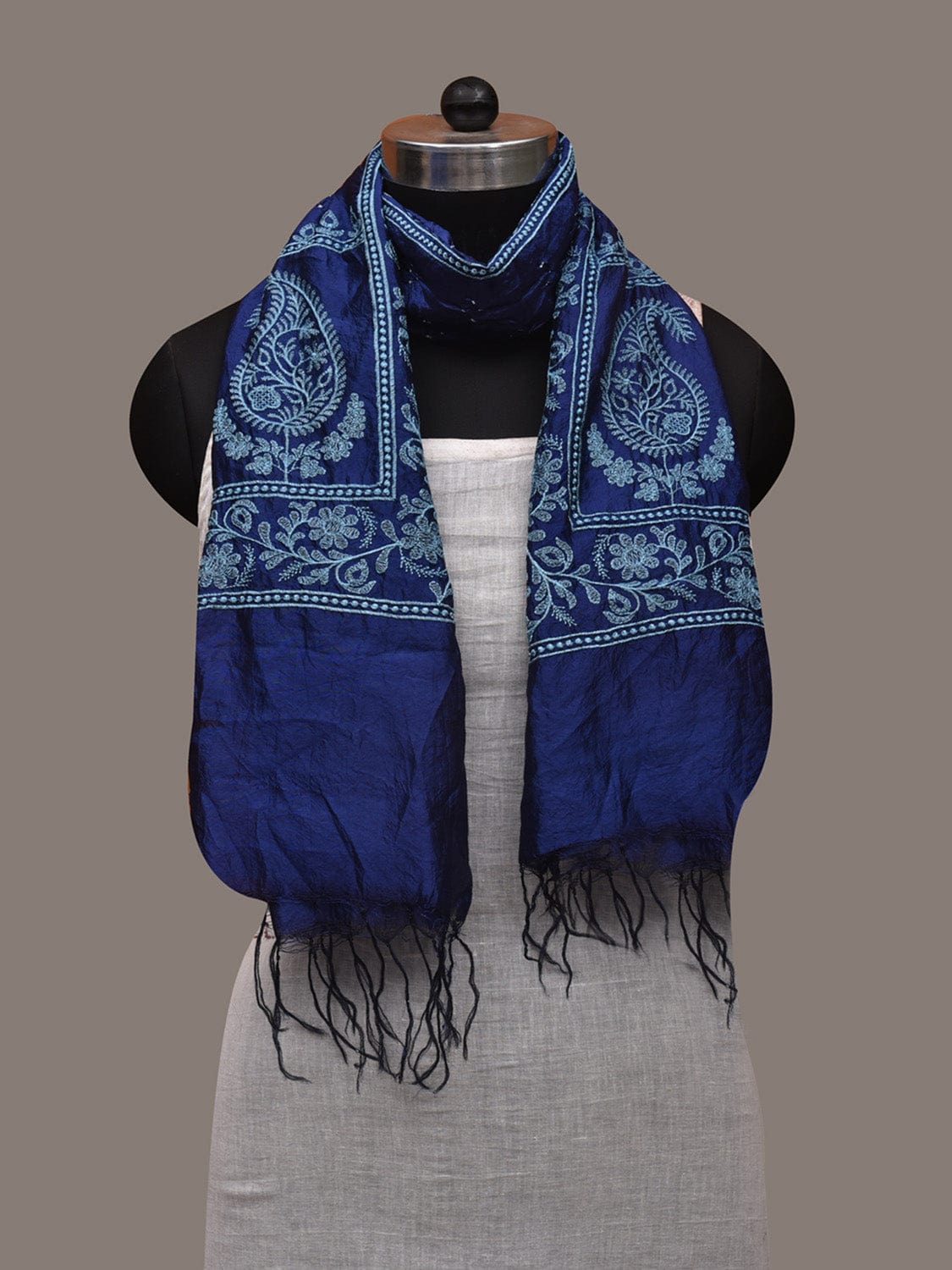 Dark Blue Bandhani Silk Handloom Stole with Mango Embroidary Design ds2967