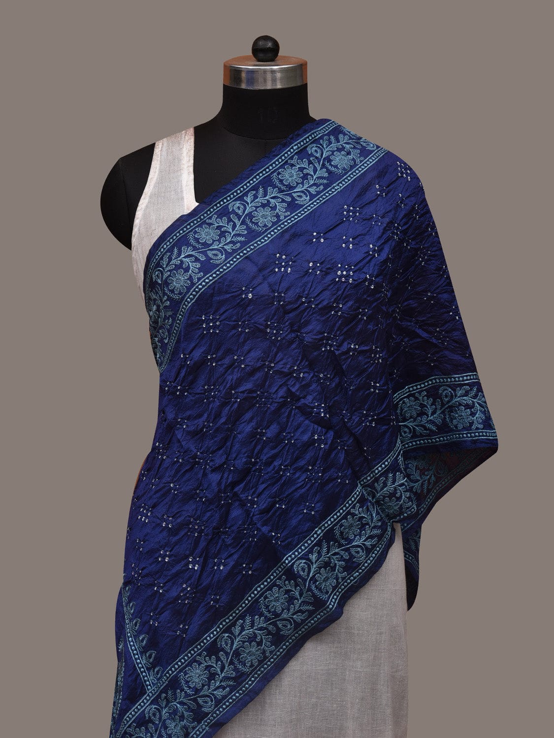 Dark Blue Bandhani Silk Handloom Stole with Mango Embroidary Design ds2967