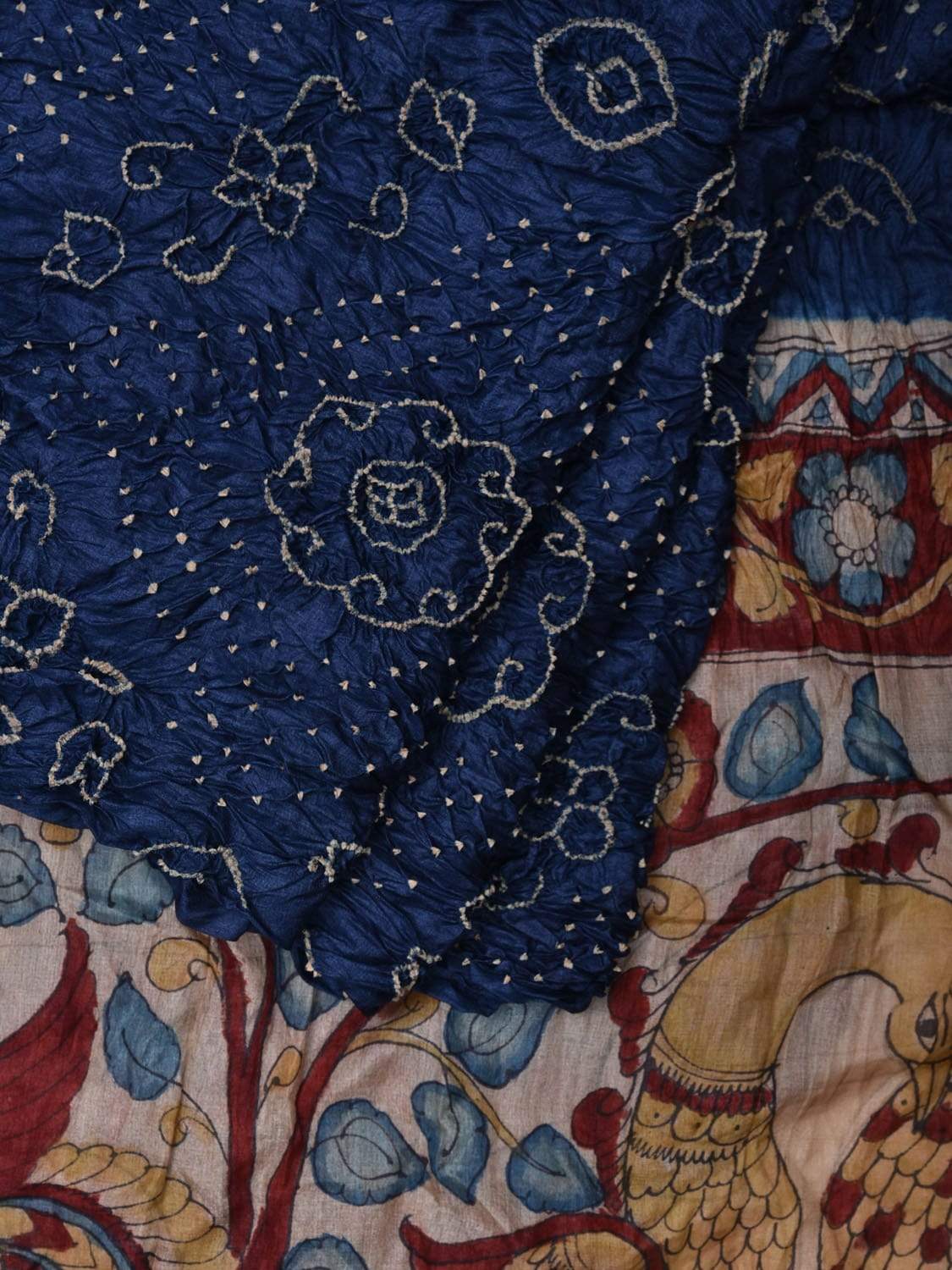 Dark Blue Bandhani Tussar Handloom Saree with Pallu Kalamkari Design bn0261