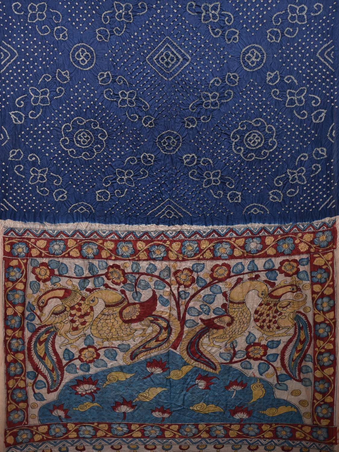 Dark Blue Bandhani Tussar Handloom Saree with Pallu Kalamkari Design bn0261