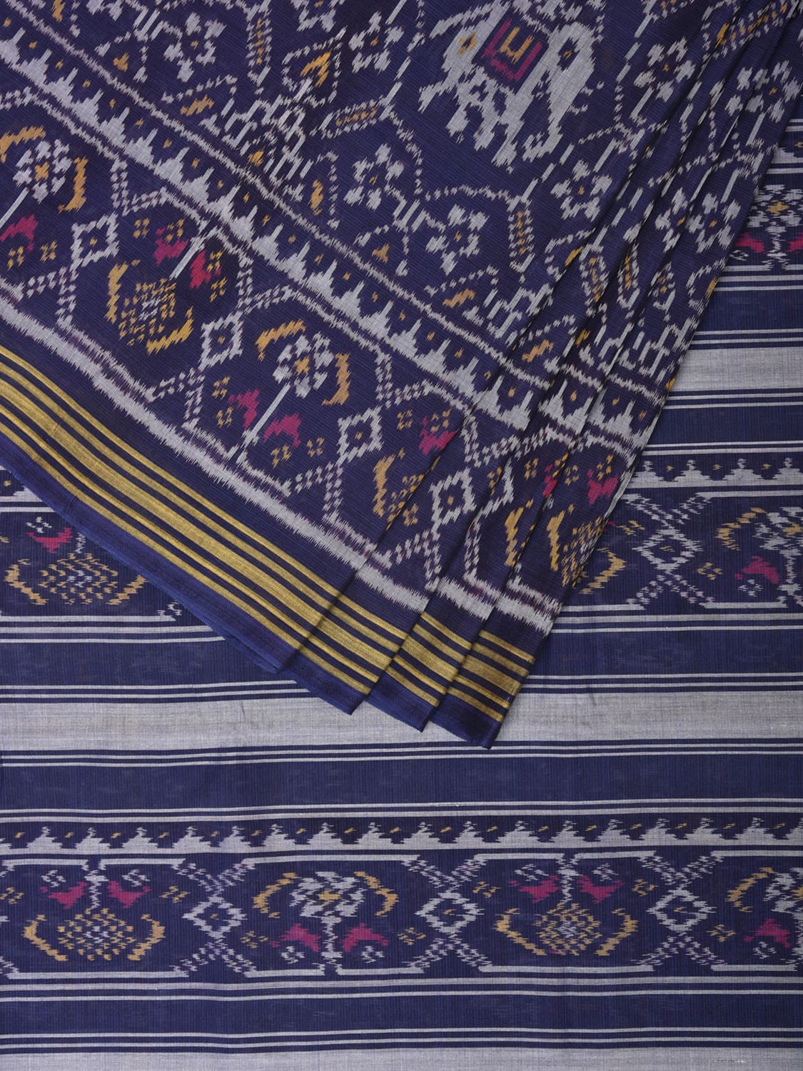 Dark Blue Ikat Cotton Handloom Saree with Elephant Design i0780