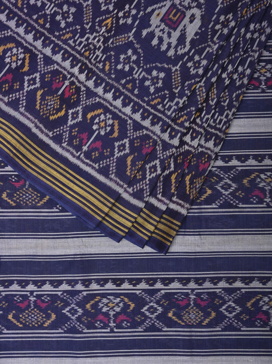 Dark Blue Ikat Cotton Handloom Saree with Elephant Design i0780