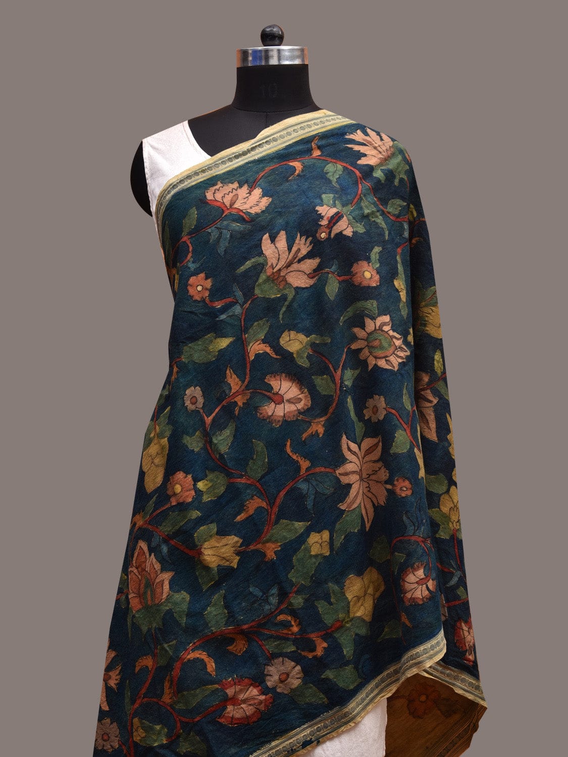 Dark Blue Kalamkari Hand Painted Cotton Handloom Dupatta with Floral Design ds3638