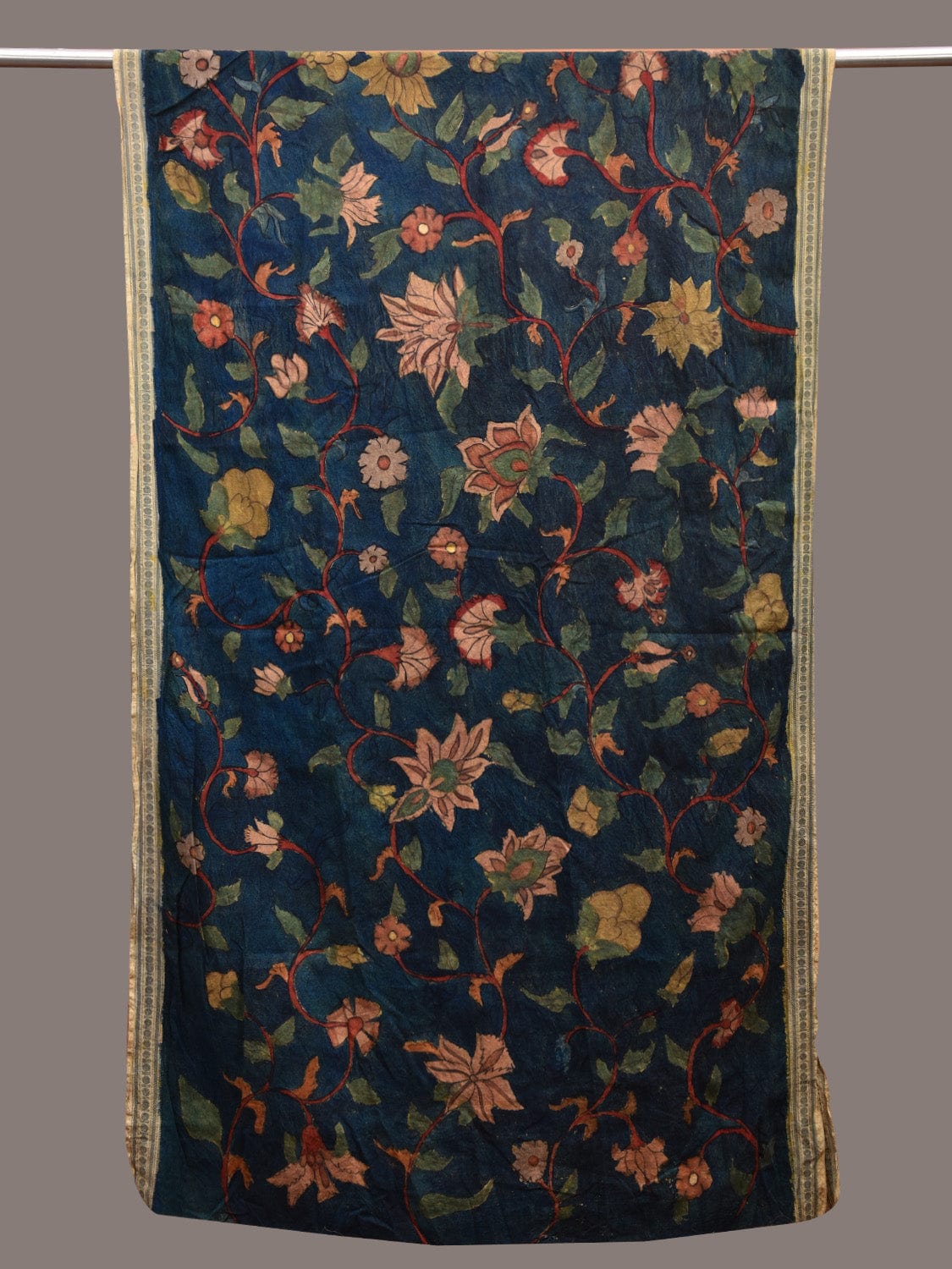 Dark Blue Kalamkari Hand Painted Cotton Handloom Dupatta with Floral Design ds3638