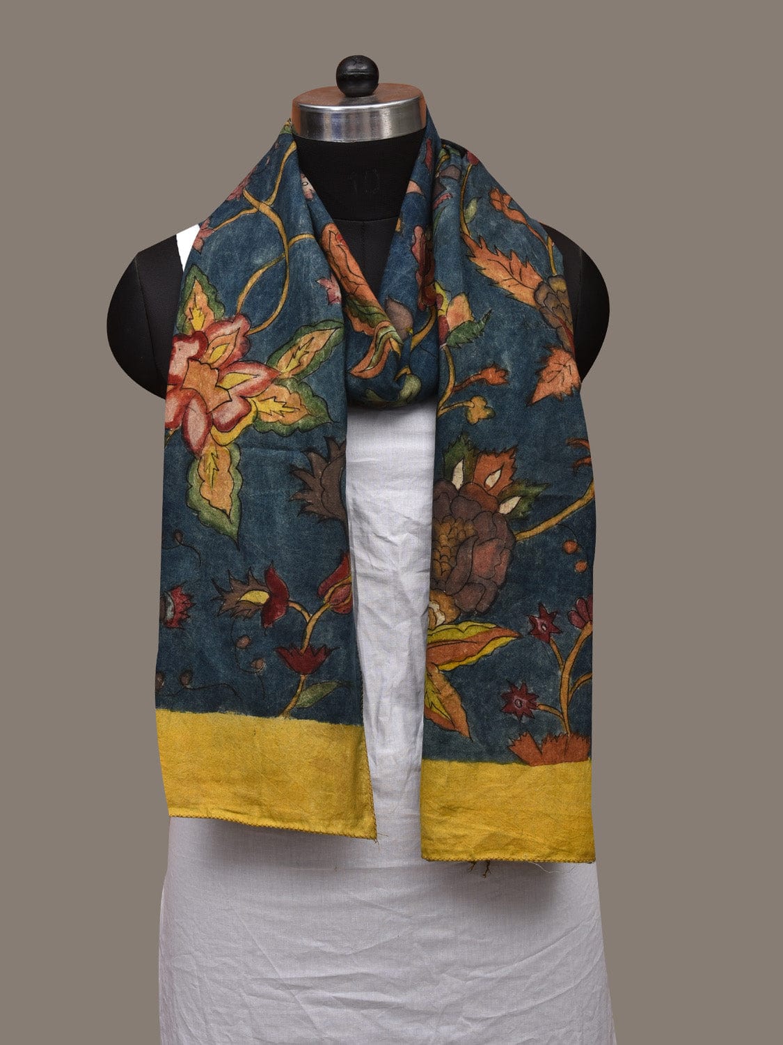 Dark Blue Kalamkari Hand Painted Cotton Handloom Stole with Floral Design ds3022
