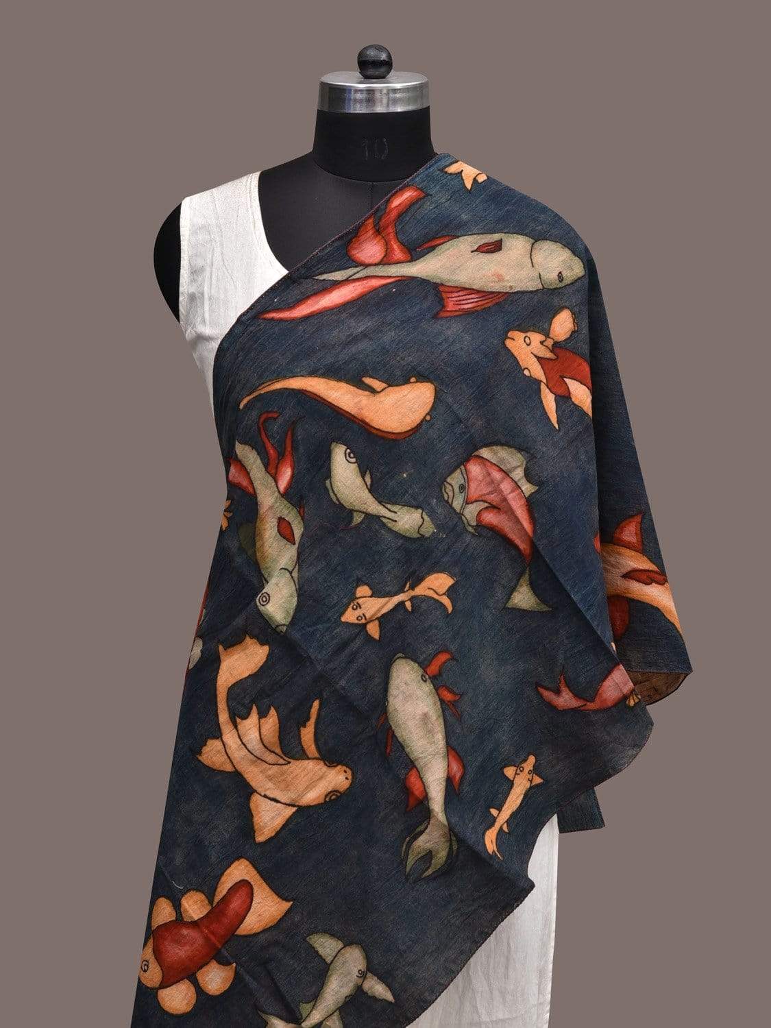 Dark Blue Kalamkari Hand Painted Cotton Stole with Fishes Design ds2324