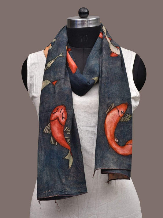 Dark Blue Kalamkari Hand Painted Cotton Stole with Fishes Design ds2324