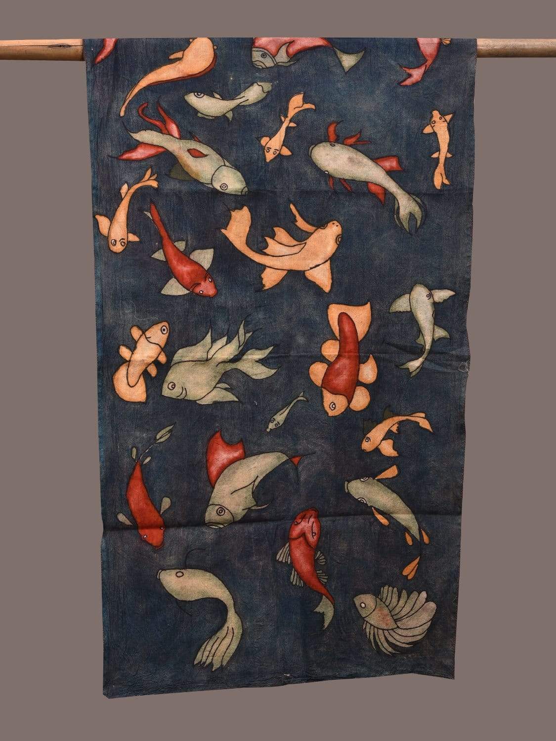 Dark Blue Kalamkari Hand Painted Cotton Stole with Fishes Design ds2324