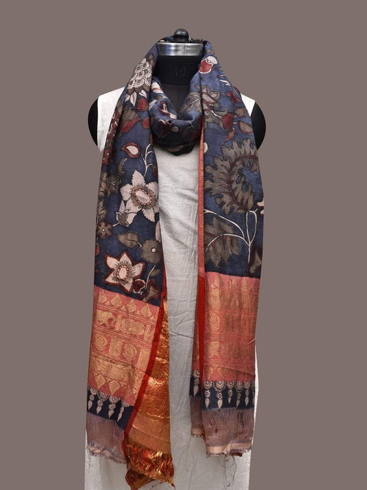 Dark Blue Kalamkari Hand Painted Kanchipuram Silk Handloom Dupatta with Floral Design ds2294