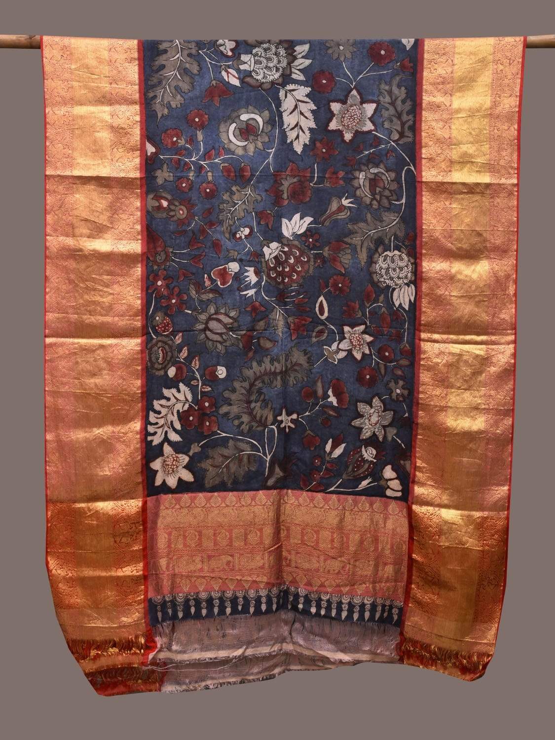 Dark Blue Kalamkari Hand Painted Kanchipuram Silk Handloom Dupatta with Floral Design ds2294