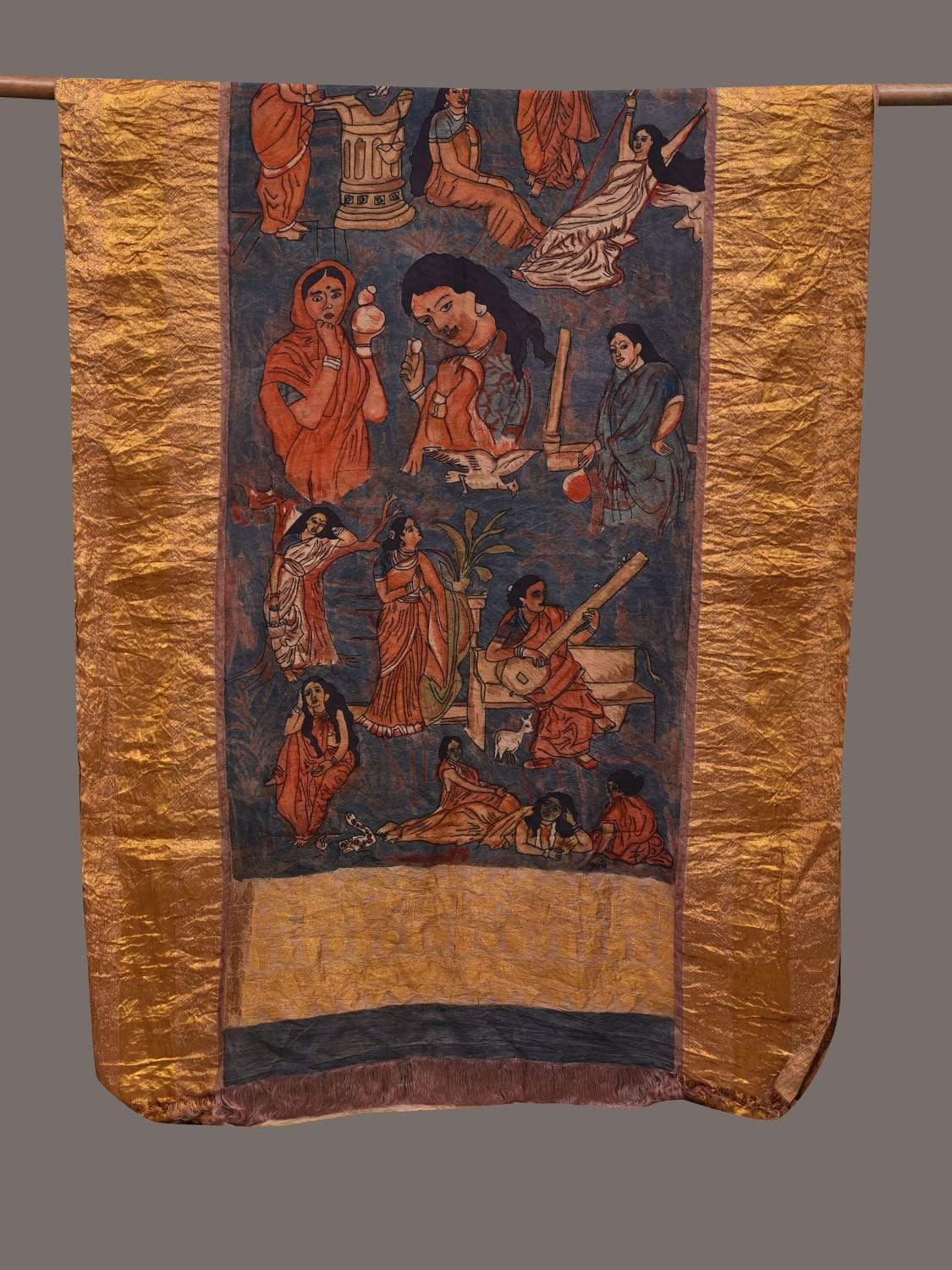 Dark Blue Kalamkari Hand Painted Kanchipuram Silk Handloom Dupatta with Painting Design ds2426