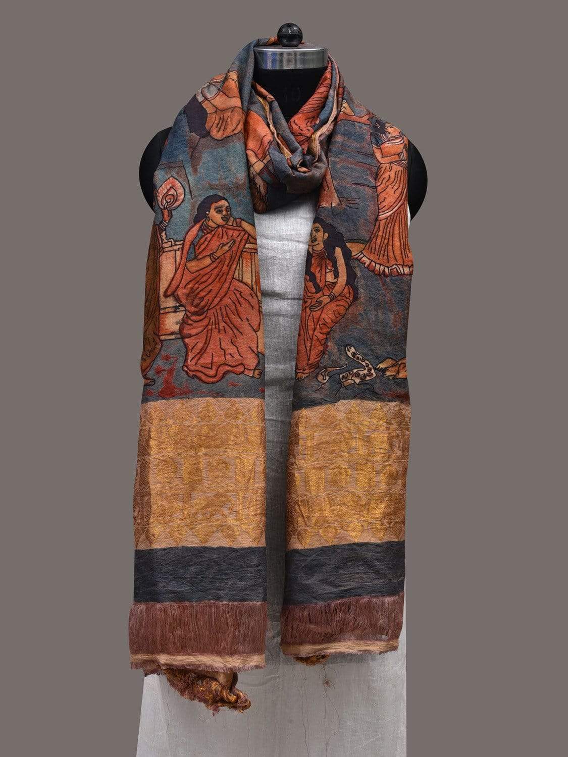 Dark Blue Kalamkari Hand Painted Kanchipuram Silk Handloom Dupatta with Painting Design ds2426