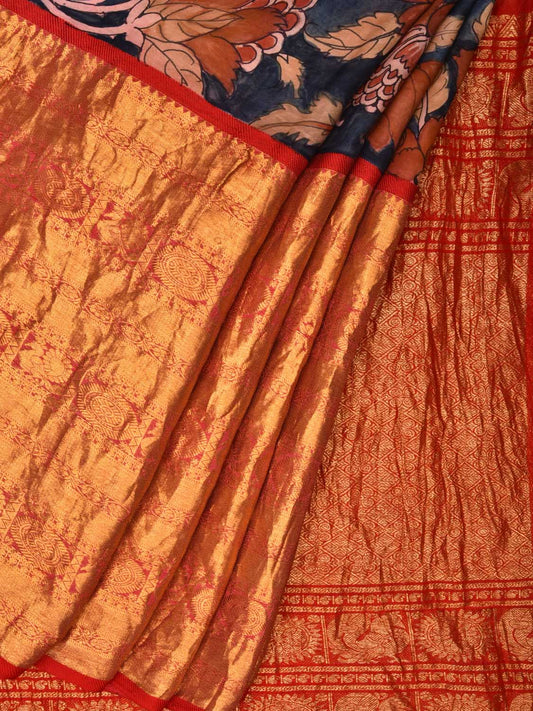 Dark Blue Kalamkari Hand Painted Kanchipuram Silk Handloom Saree with Big Flowers Design KL0496