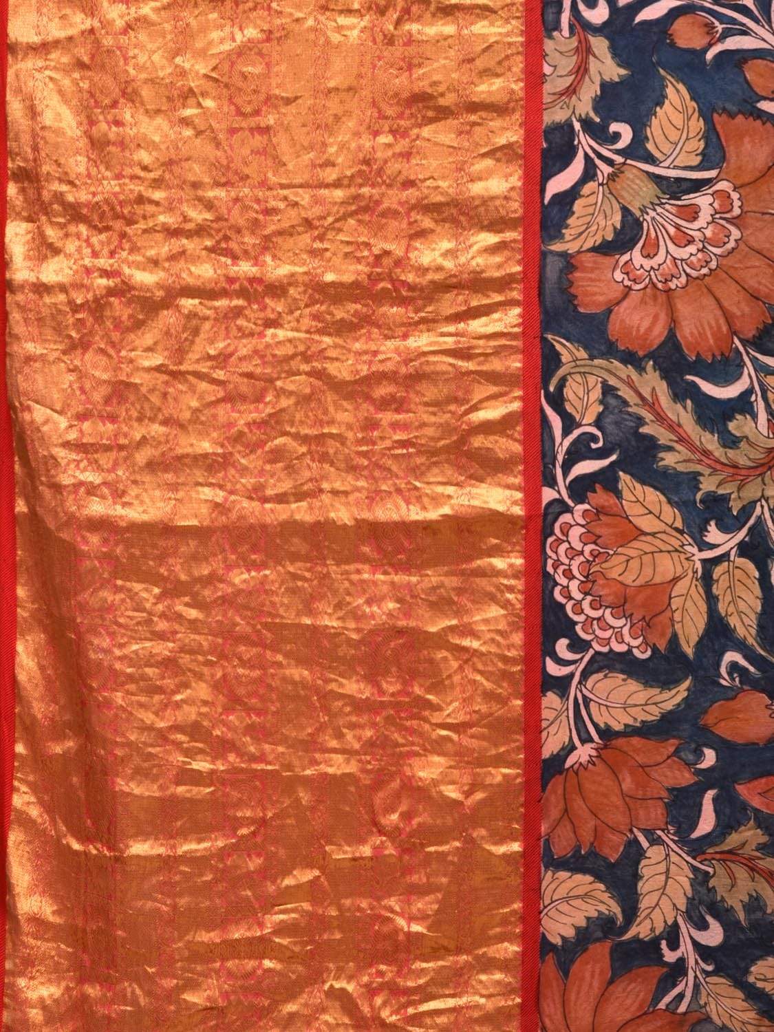 Dark Blue Kalamkari Hand Painted Kanchipuram Silk Handloom Saree with Big Flowers Design KL0496