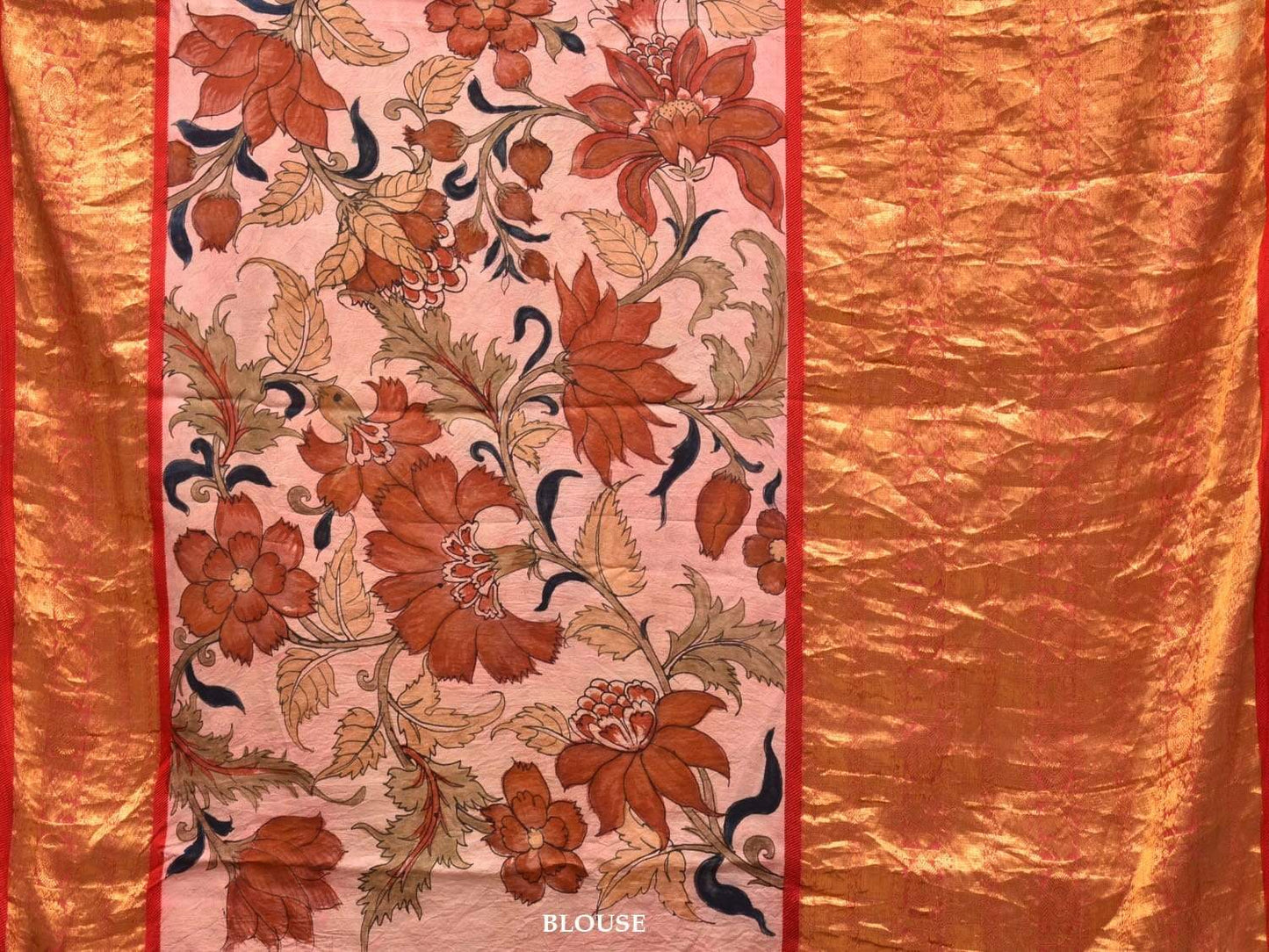 Dark Blue Kalamkari Hand Painted Kanchipuram Silk Handloom Saree with Big Flowers Design KL0496