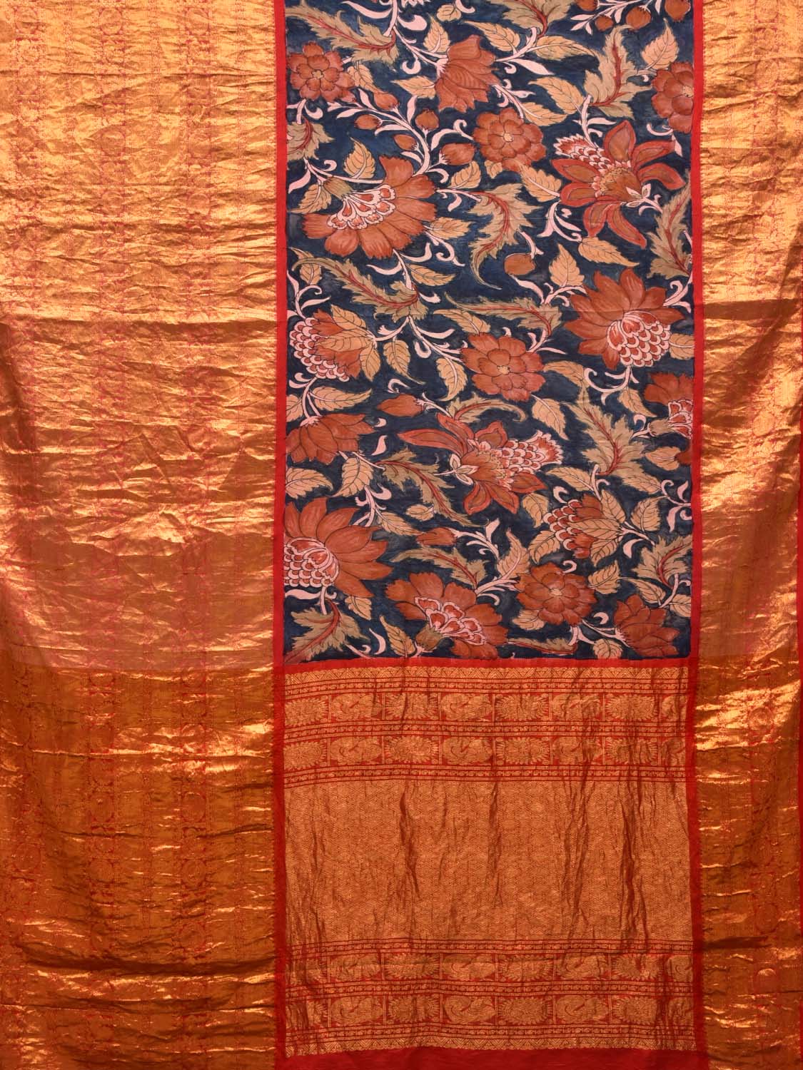 Dark Blue Kalamkari Hand Painted Kanchipuram Silk Handloom Saree with Big Flowers Design KL0496