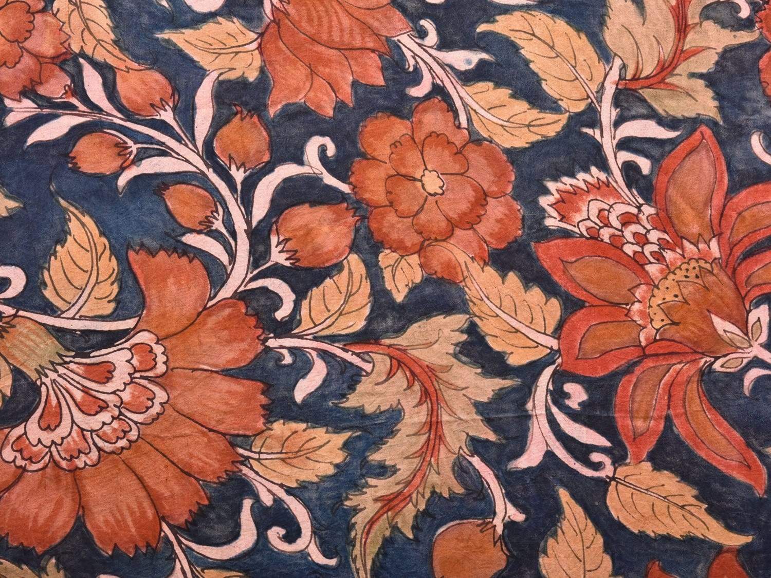 Dark Blue Kalamkari Hand Painted Kanchipuram Silk Handloom Saree with Big Flowers Design KL0496