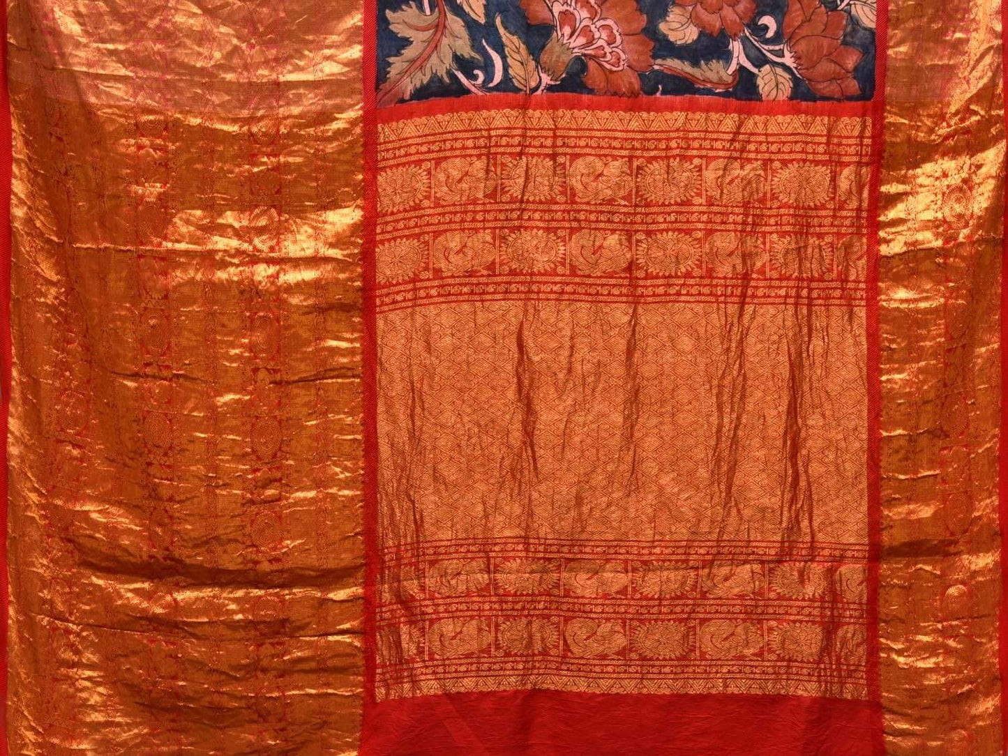 Dark Blue Kalamkari Hand Painted Kanchipuram Silk Handloom Saree with Big Flowers Design KL0496