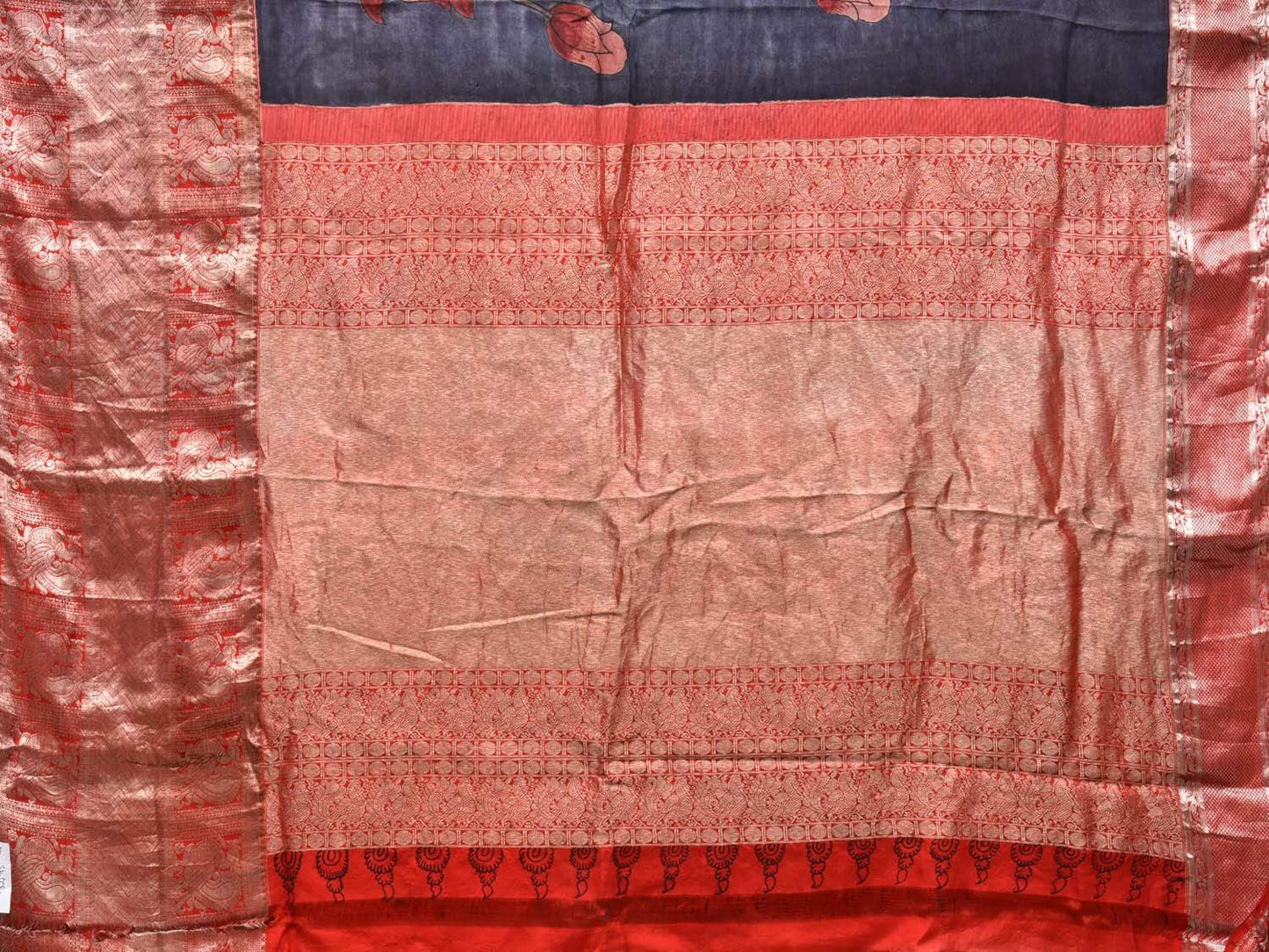 Dark Blue Kalamkari Hand Painted Kanchipuram Silk Handloom Saree with Big Lotus Flowers Design KL0481