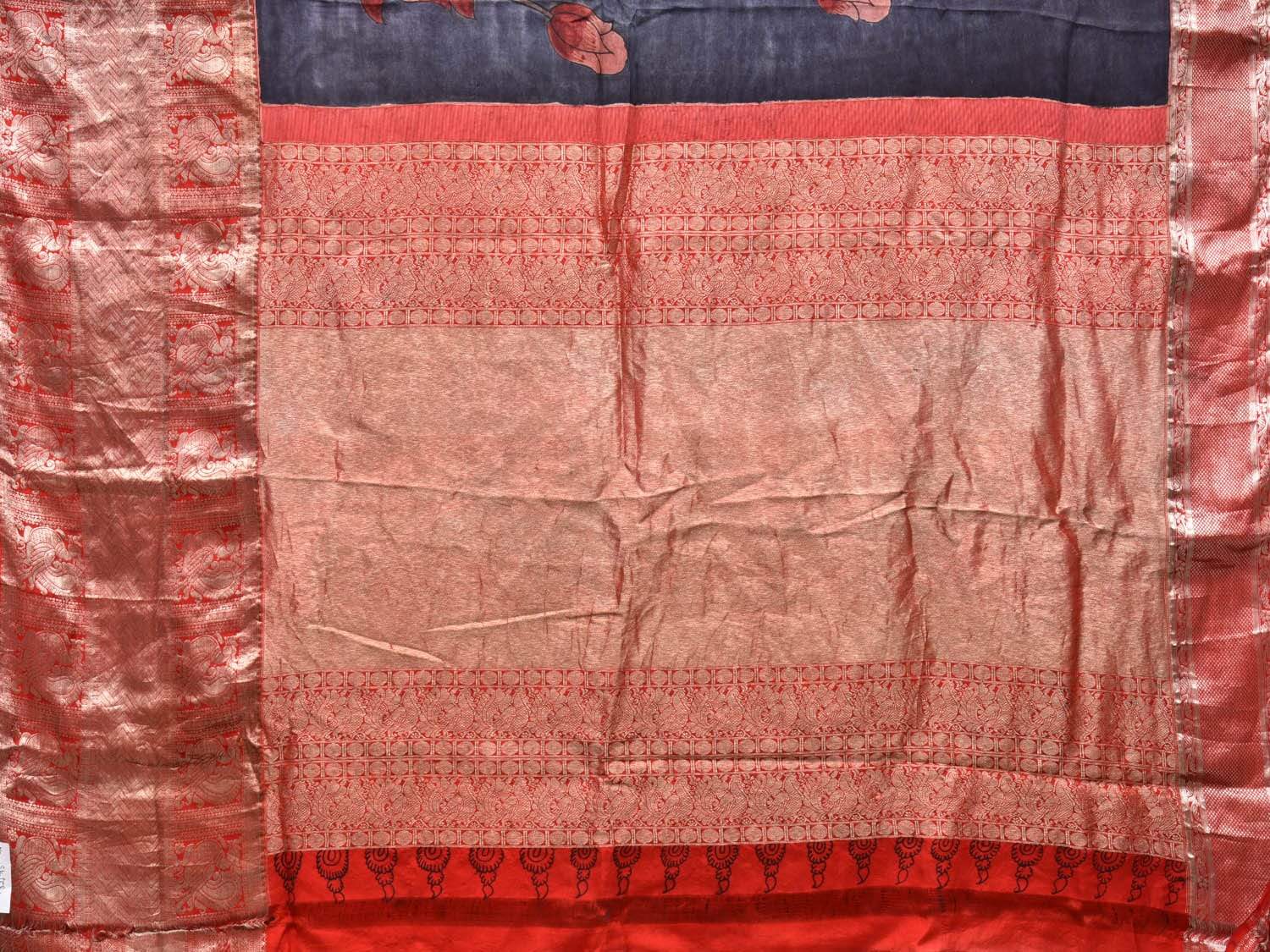 Dark Blue Kalamkari Hand Painted Kanchipuram Silk Handloom Saree with Big Lotus Flowers Design KL0481