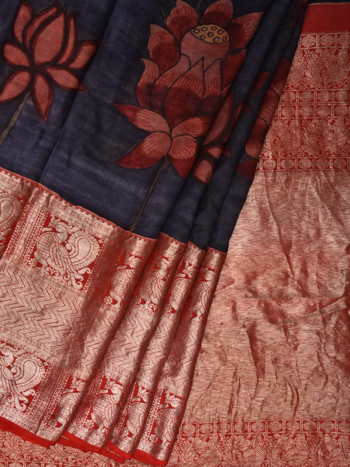 Dark Blue Kalamkari Hand Painted Kanchipuram Silk Handloom Saree with Big Lotus Flowers Design KL0481