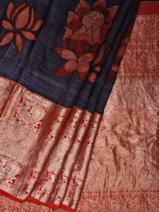 Dark Blue Kalamkari Hand Painted Kanchipuram Silk Handloom Saree with Big Lotus Flowers Design KL0481