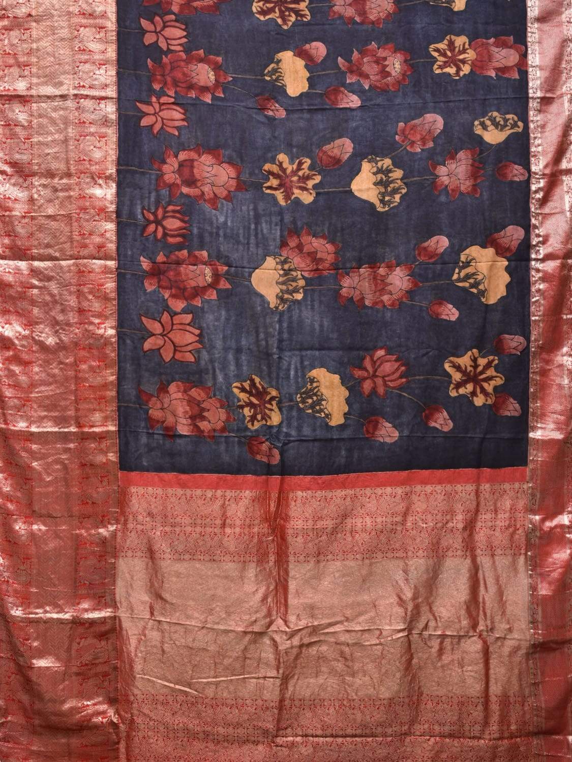 Dark Blue Kalamkari Hand Painted Kanchipuram Silk Handloom Saree with Big Lotus Flowers Design KL0481