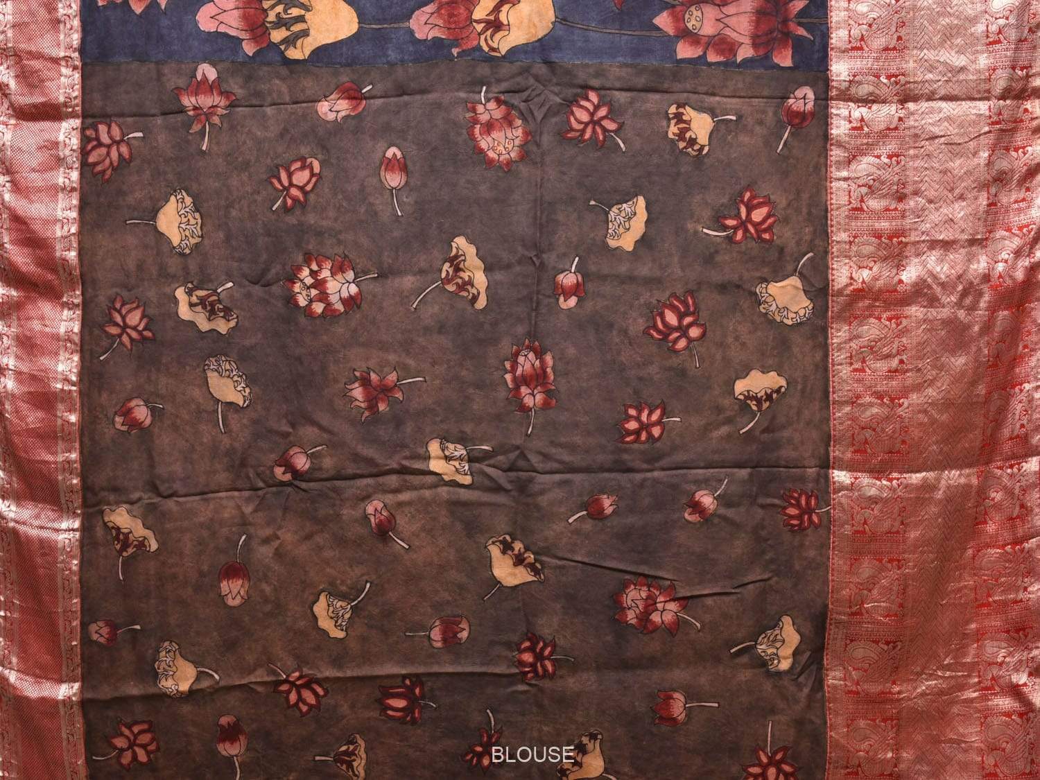 Dark Blue Kalamkari Hand Painted Kanchipuram Silk Handloom Saree with Big Lotus Flowers Design KL0481