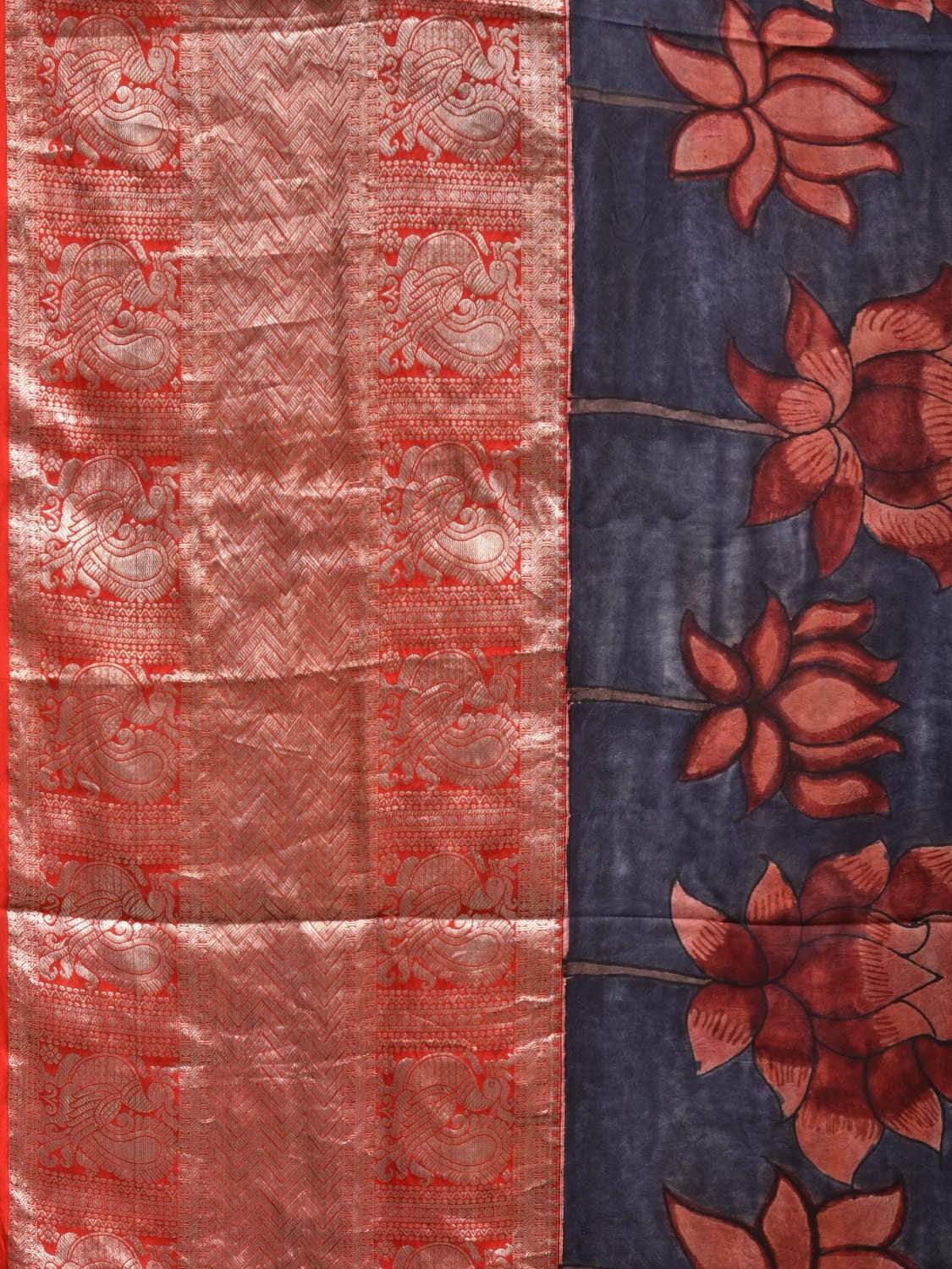 Dark Blue Kalamkari Hand Painted Kanchipuram Silk Handloom Saree with Big Lotus Flowers Design KL0481