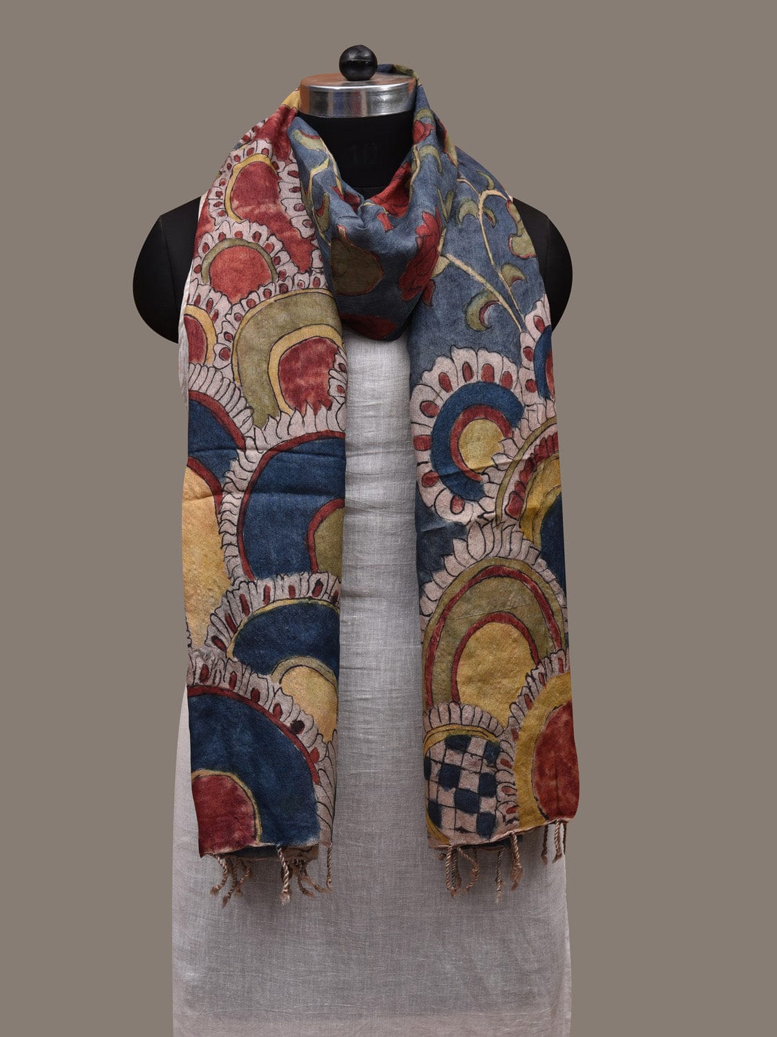 Dark Blue Kalamkari Hand Painted Tussar Handloom Dupatta with Floral Design ds2873