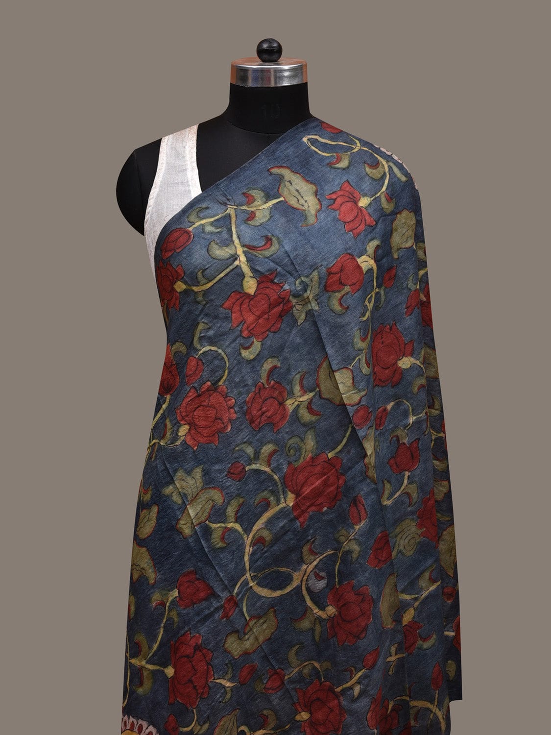 Dark Blue Kalamkari Hand Painted Tussar Handloom Dupatta with Floral Design ds2873