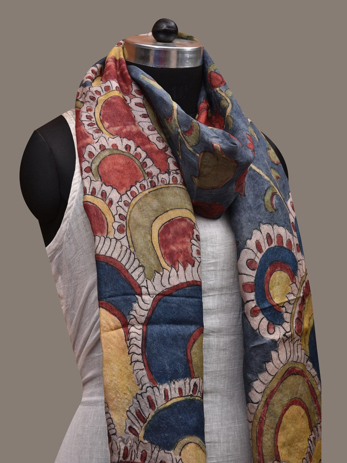 Dark Blue Kalamkari Hand Painted Tussar Handloom Dupatta with Floral Design ds2873