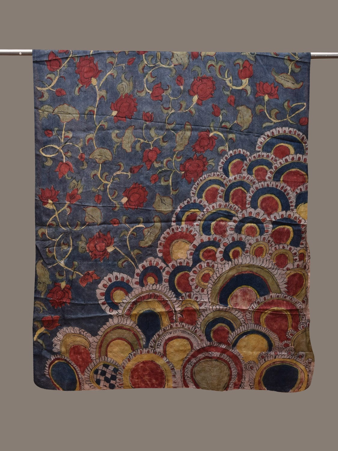 Dark Blue Kalamkari Hand Painted Tussar Handloom Dupatta with Floral Design ds2873