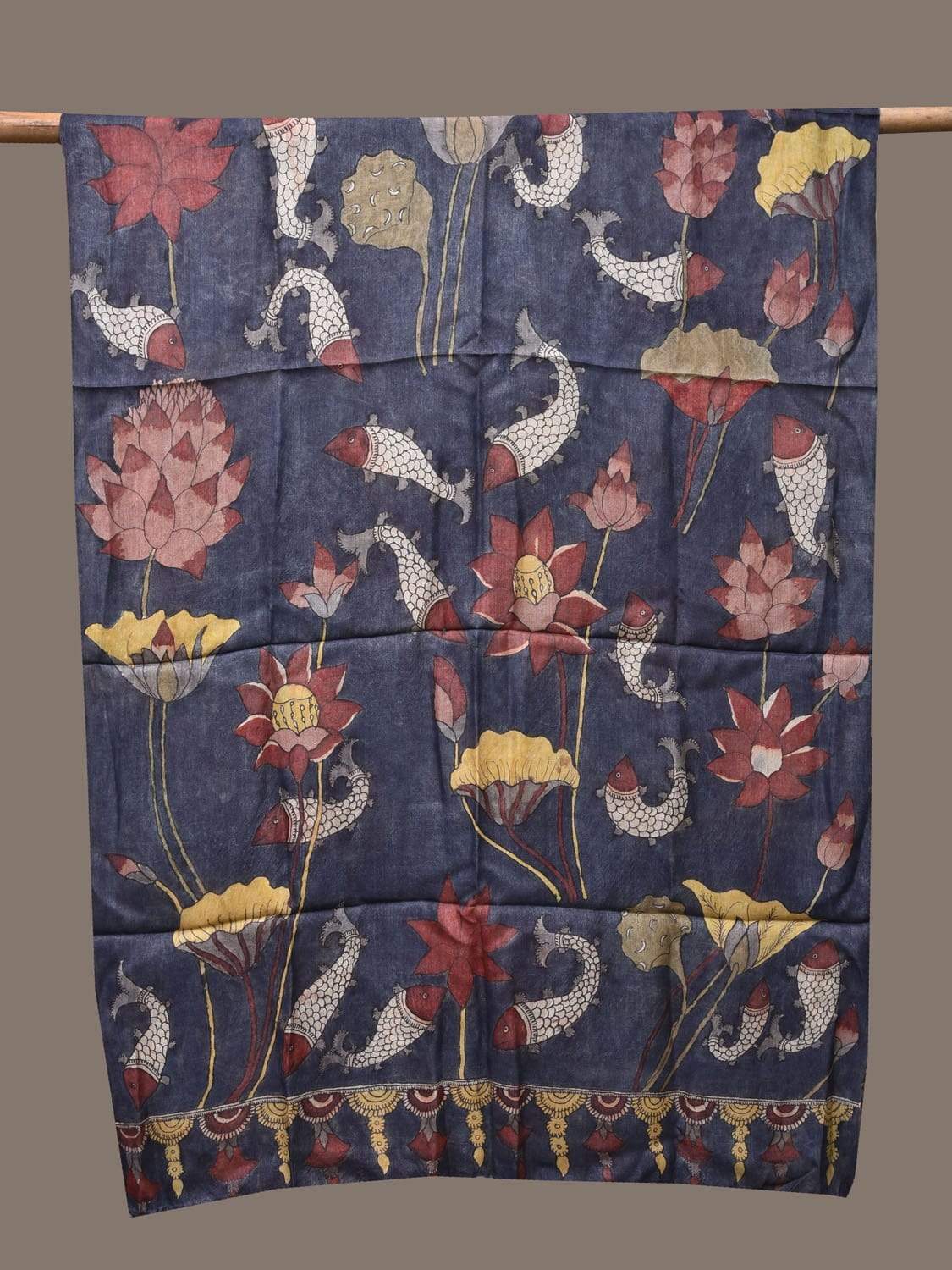 Dark Blue Kalamkari Hand Painted Tussar Handloom Dupatta with Flowers and Fishes Design ds2285