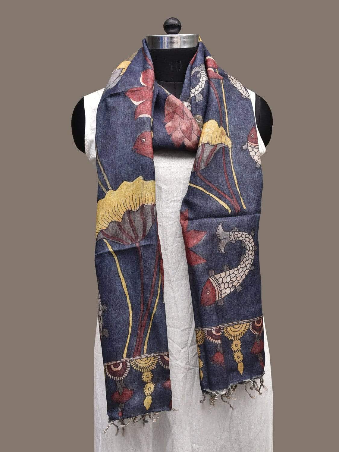 Dark Blue Kalamkari Hand Painted Tussar Handloom Dupatta with Flowers and Fishes Design ds2285
