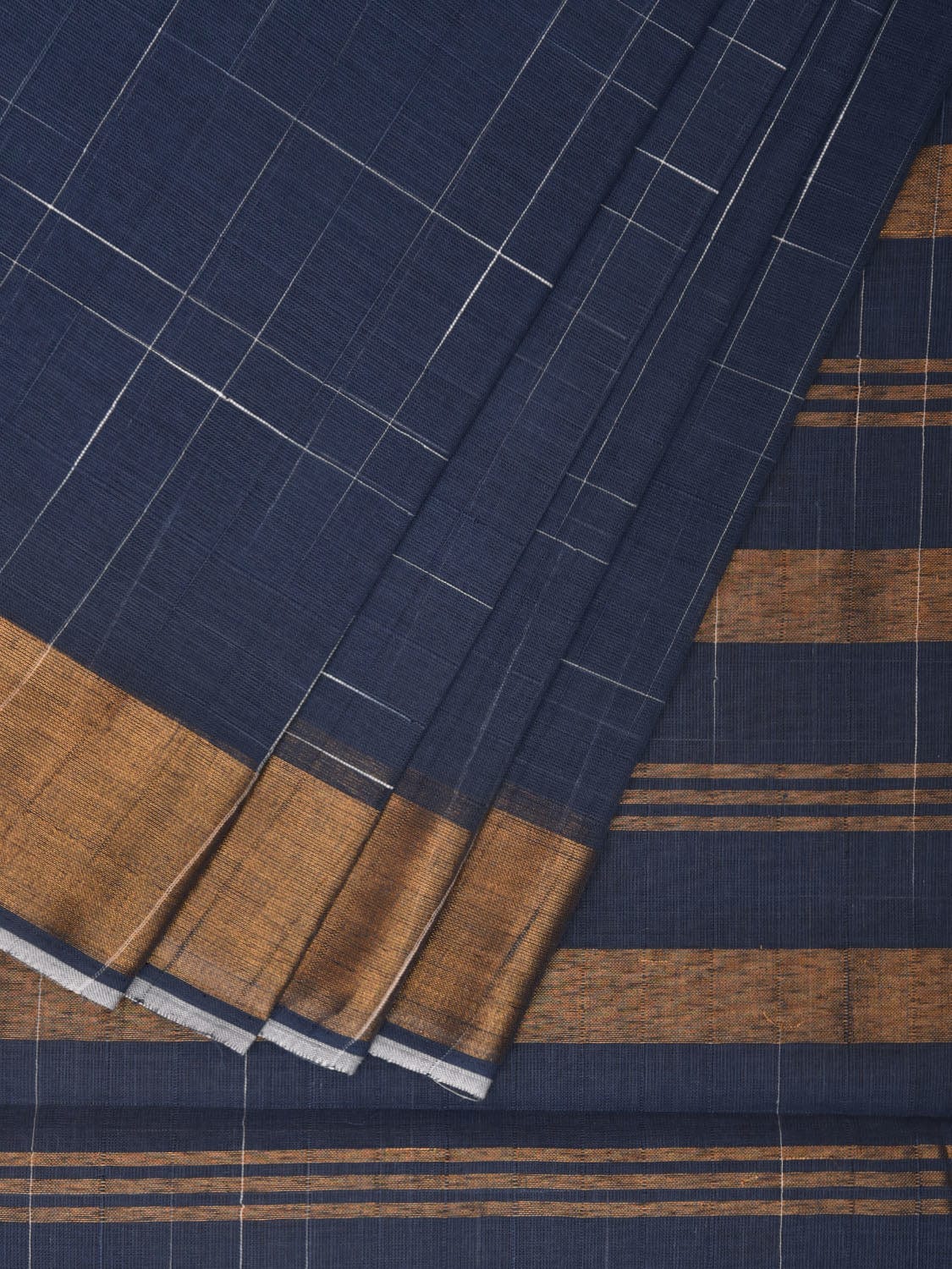 Dark Blue Kanchipuram Cotton Handloom Saree with Strips Pallu Design k0571