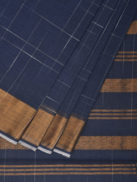 Dark Blue Kanchipuram Cotton Handloom Saree with Strips Pallu Design k0571