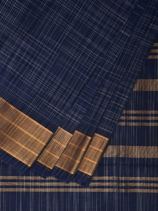 Dark Blue Kanchipuram Cotton Handloom Saree with Strips Pallu Design k0573